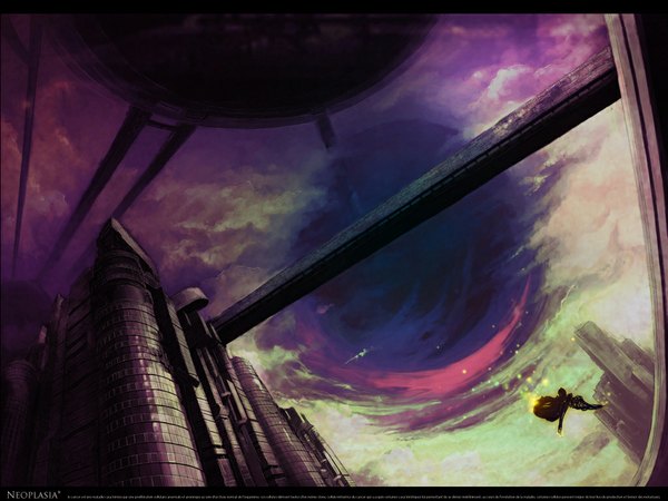 Anime picture 1024x768 with void rel sky cloud (clouds) city cityscape landscape building (buildings) bridge