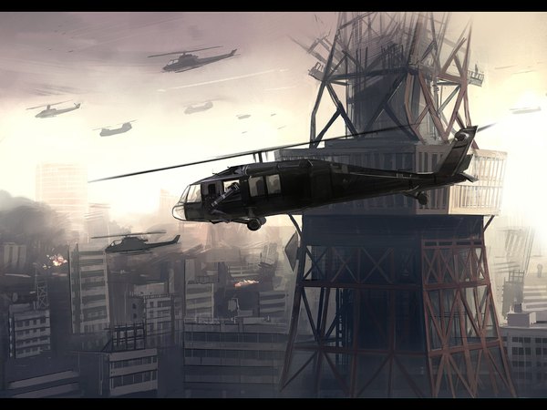 Anime picture 1024x768 with original seo tatsuya sky city letterboxed group cityscape destruction post-apocalyptic weapon gun building (buildings) tower helicopter gatling gun