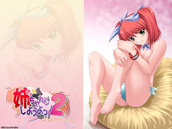 Anime picture 1024x768 with nee, chanto shiyou yo! hiiragi takane single looking at viewer blush fringe short hair light erotic hair between eyes sitting twintails green eyes full body red hair copyright name topless zoom layer girl ribbon (ribbons) hair ribbon