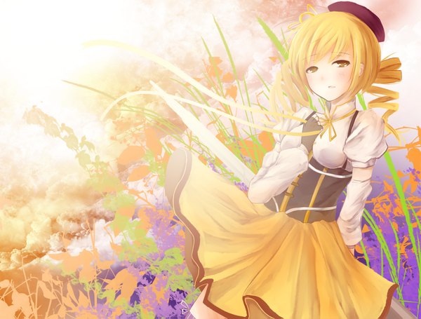 Anime picture 1600x1215 with mahou shoujo madoka magica shaft (studio) tomoe mami single blonde hair yellow eyes drill hair girl gloves plant (plants) hat fingerless gloves