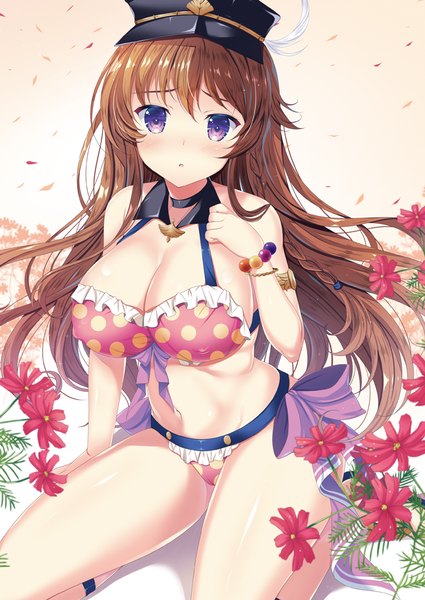 Anime picture 700x989 with granblue fantasy lecia (granblue fantasy) naruse mamoru single long hair tall image looking at viewer blush fringe breasts open mouth light erotic brown hair large breasts sitting purple eyes bare shoulders wind thighs kneeling