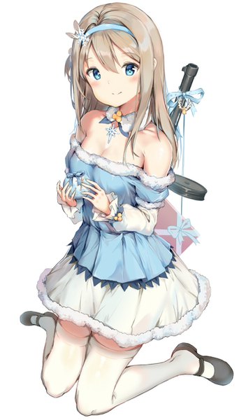 Anime picture 712x1211 with girls frontline suomi kp31 (girls frontline) nather single long hair tall image looking at viewer blush fringe blue eyes simple background smile hair between eyes brown hair white background bare shoulders cleavage full body fur trim kneeling