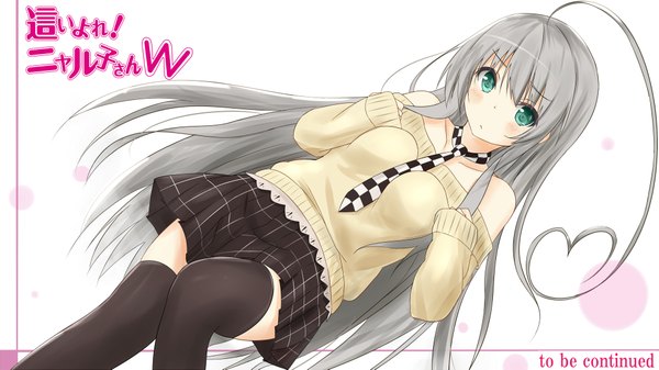 Anime picture 2000x1125 with haiyore! nyaruko-san nyaruko saku (kudrove) single long hair blush highres wide image bare shoulders green eyes grey hair girl thighhighs skirt black thighhighs miniskirt necktie sweater