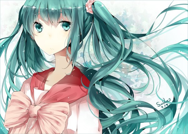 Anime picture 1400x1000 with vocaloid hatsune miku suika daze single long hair looking at viewer twintails aqua eyes aqua hair floral print close-up girl bow scrunchie hair tie