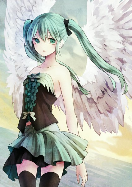 Anime picture 708x1000 with vocaloid hatsune miku yuji kazakiri single long hair tall image looking at viewer fringe open mouth bare shoulders sky cloud (clouds) pleated skirt aqua eyes aqua hair sleeveless angel wings white wings girl thighhighs