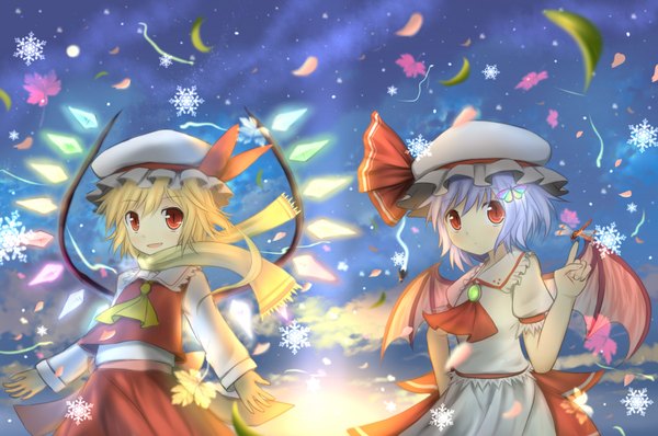 Anime picture 1880x1250 with touhou flandre scarlet remilia scarlet bunchou (bunchou3103) highres blonde hair red eyes multiple girls blue hair wind snow bat wings girl skirt 2 girls hat animal petals wings scarf
