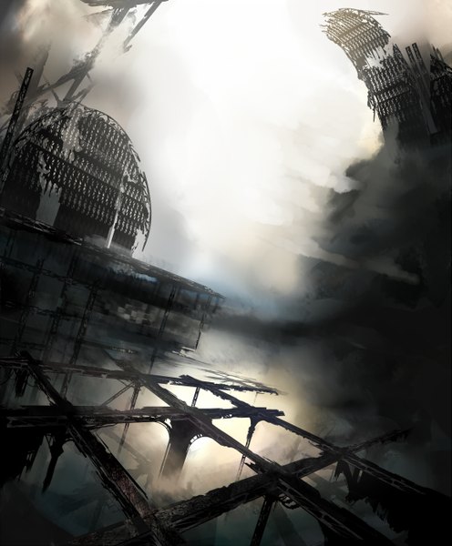 Anime picture 2305x2788 with original nil (artist) tall image highres sky smoke cityscape no people landscape