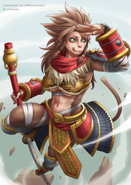 Anime picture 1500x2121 with league of legends wukong (league of legends) exaxuxer single long hair tall image breasts light erotic brown hair large breasts green eyes tail animal tail genderswap girl navel tongue armor staff