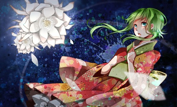 Anime picture 1000x606 with vocaloid gumi nou single blush short hair open mouth wide image japanese clothes aqua eyes green hair girl flower (flowers) petals kimono