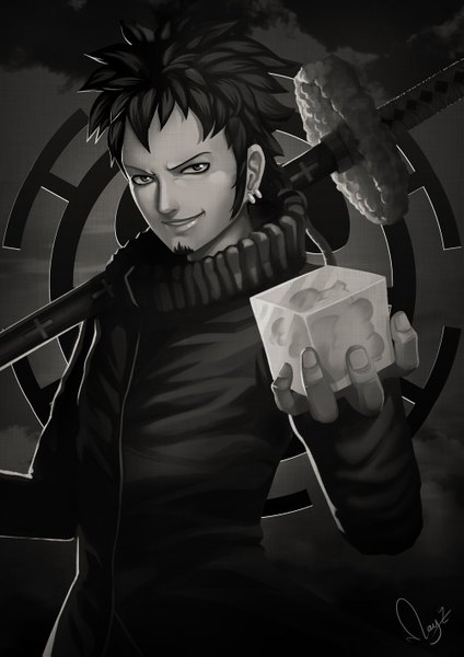 Anime picture 1000x1415 with one piece toei animation trafalgar law magion02 single tall image looking at viewer short hair smile signed realistic monochrome no hat boy weapon earrings sword heart katana beard