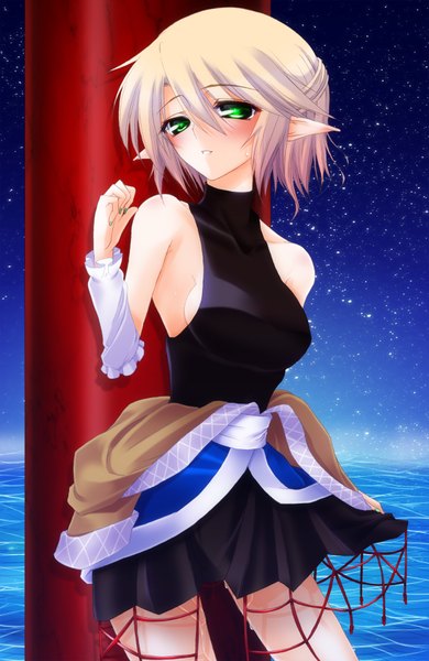 Anime picture 1200x1844 with touhou mizuhashi parsee hazuki rui single tall image short hair blonde hair green eyes pointy ears night night sky girl water star (stars)