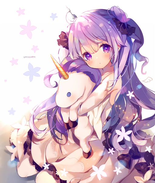 Anime picture 850x1000 with azur lane unicorn (azur lane) ana (rznuscrf) single long hair tall image looking at viewer blush fringe hair between eyes sitting purple eyes purple hair ahoge two side up character names cute floral background girl dress