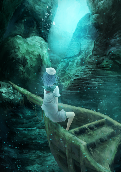 Anime picture 1414x2000 with original akaikitsune single tall image short hair aqua hair back underwater girl hat bubble (bubbles) watercraft boat