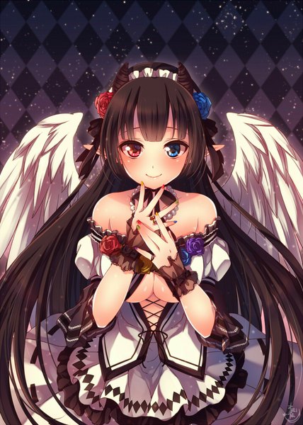 Anime picture 714x1000 with original nemuri nemu single tall image looking at viewer blush breasts light erotic black hair smile very long hair hair flower horn (horns) pointy ears heterochromia underboob angel wings checkered checkered background girl