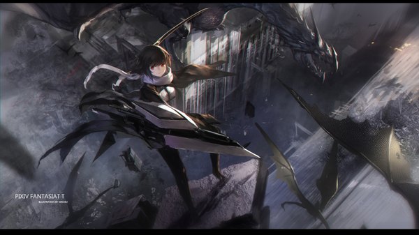 Anime picture 1890x1063 with original pixiv fantasia pixiv fantasia t paradise (character) swd3e2 long hair looking at viewer highres black hair red eyes wide image dark background fantasy girl weapon scarf dragon