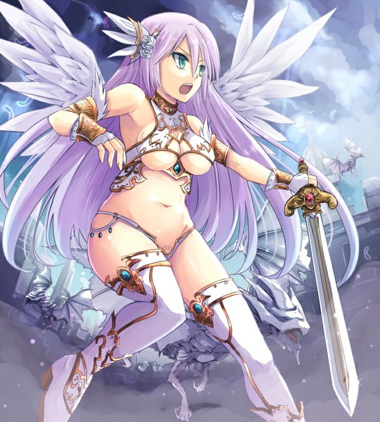Anime picture 765x850 with original kay (utd) single long hair tall image fringe breasts open mouth light erotic large breasts purple hair aqua eyes teeth armpit (armpits) underboob fantasy girl thighhighs gloves navel