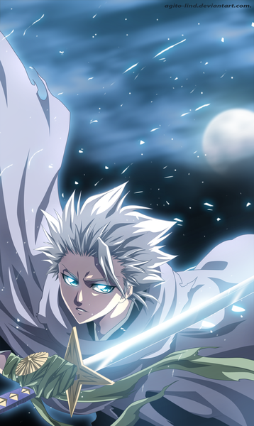 Anime picture 1000x1676 with bleach studio pierrot hitsugaya toushirou aagito single tall image short hair cloud (clouds) aqua eyes light smile grey hair night sky coloring boy weapon sword cloak full moon