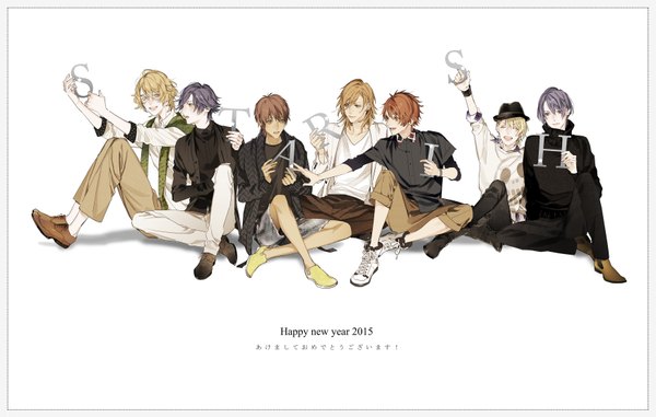 Anime picture 1745x1110 with uta no prince-sama a-1 pictures jinguji ren hijirikawa masato ichinose tokiya ittoki otoya kurusu shou shinomiya natsuki aijima cecil mozilla (pixiv) highres short hair simple background blonde hair smile brown hair white background sitting holding brown eyes