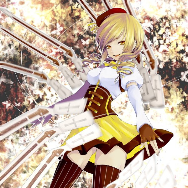 Anime picture 3000x3000 with mahou shoujo madoka magica shaft (studio) tomoe mami settyaro highres blonde hair yellow eyes drill hair curly hair girl thighhighs gloves weapon hat fingerless gloves gun rifle musket