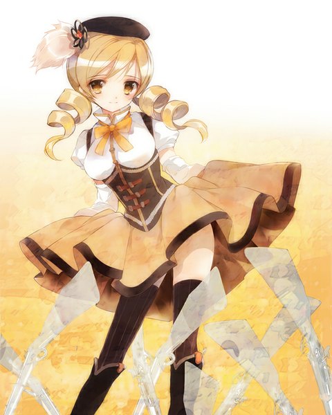 Anime picture 655x819 with mahou shoujo madoka magica shaft (studio) tomoe mami ni (2shi) single long hair tall image looking at viewer blush blonde hair twintails yellow eyes drill hair underbust girl thighhighs weapon black thighhighs detached sleeves gun