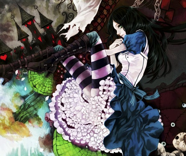 Anime picture 1024x860 with american mcgee's alice (game) alice: madness returns alice (american mcgee's) alice liddell (country of hearts) ut (apt) single long hair black hair green eyes cloud (clouds) eyes girl thighhighs dress petals heart chain striped thighhighs castle