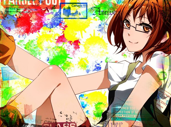 Anime picture 1031x768 with yukinosetsu (artist) single blush short hair brown hair sitting brown eyes light smile inscription girl glasses vest t-shirt