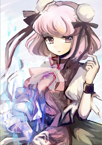 Anime picture 636x900 with touhou ibaraki kasen ukita uuko aliprojectlove single tall image fringe short hair brown eyes looking away pink hair blunt bangs traditional clothes arm up light smile hair bun (hair buns) magic chinese clothes girl ribbon (ribbons)