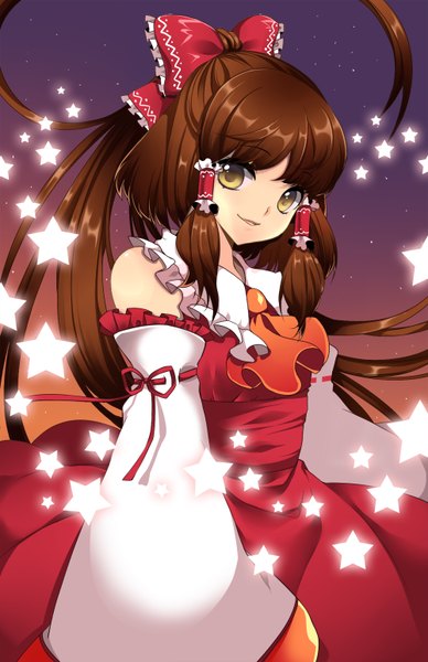 Anime picture 1000x1546 with touhou hakurei reimu roh nam kyung single long hair tall image looking at viewer brown hair bare shoulders yellow eyes girl bow hair bow detached sleeves star (symbol)