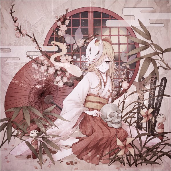 Anime picture 1500x1500 with vocaloid kagamine rin moco 315 single long hair looking at viewer blush blonde hair sitting traditional clothes japanese clothes barefoot light smile black eyes night sky cherry blossoms mask on head girl bow plant (plants)