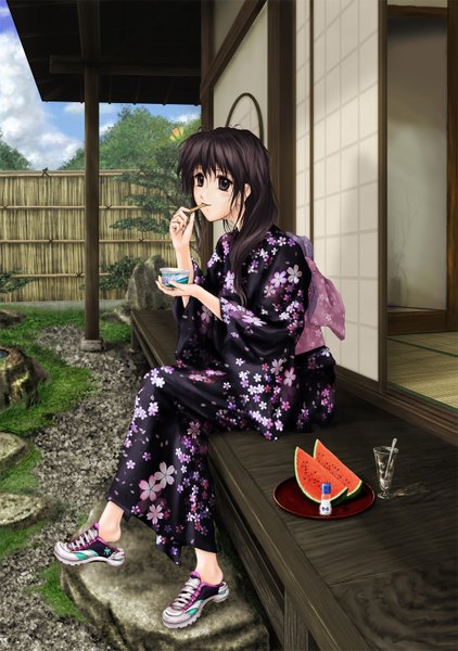 Anime picture 1039x1476 with original ntake toukasaien single long hair tall image black hair sitting brown eyes traditional clothes japanese clothes girl food shoes sweets kimono obi ice cream berry (berries) watermelon