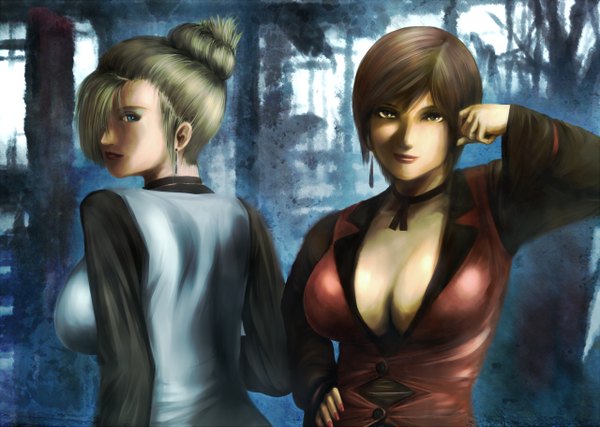 Anime picture 1280x913 with the king of fighters snk mature vice looking at viewer short hair breasts blue eyes light erotic blonde hair brown hair large breasts multiple girls brown eyes looking back girl 2 girls