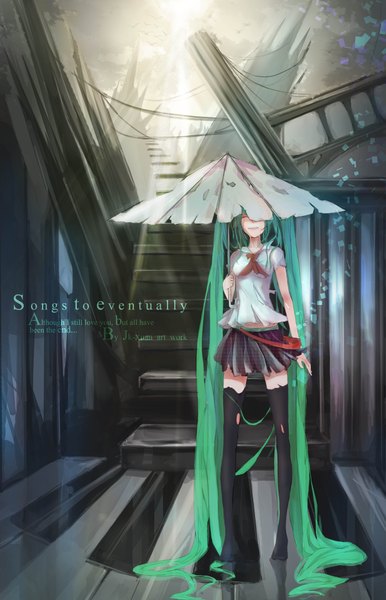 Anime picture 2791x4335 with vocaloid hatsune miku jk-xuan (artist) single tall image highres twintails very long hair aqua hair tears torn clothes girl skirt thigh boots umbrella stairs