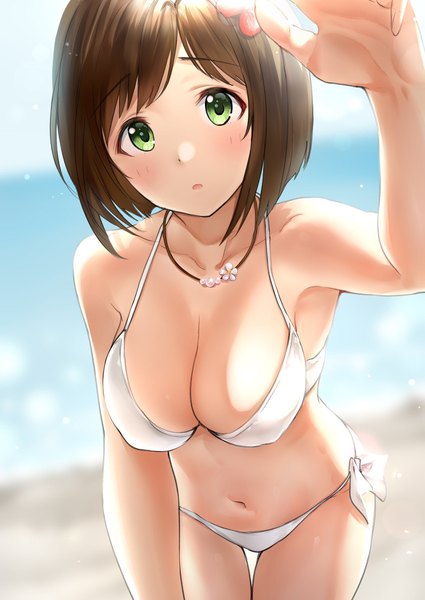 Anime picture 1451x2048 with idolmaster idolmaster cinderella girls maekawa miku takeashiro single tall image looking at viewer blush short hair open mouth light erotic brown hair green eyes parted lips hair flower sunlight blurry thigh gap outstretched hand girl