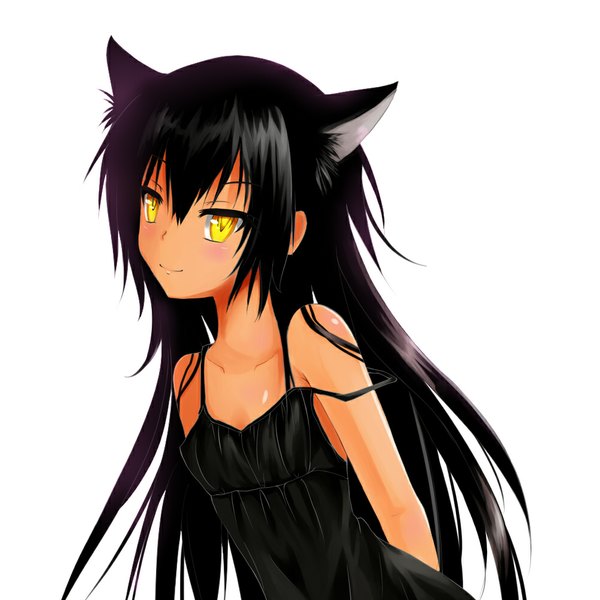Anime picture 1000x1000 with toloveru toloveru darkness xebec master nemesis single long hair looking at viewer black hair simple background white background bare shoulders animal ears yellow eyes cat ears dark skin girl sundress