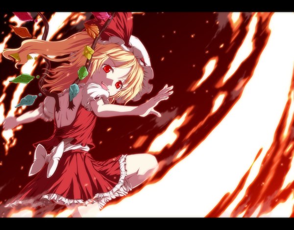Anime picture 1272x1000 with touhou flandre scarlet isatessyu (artist) single open mouth blonde hair red eyes one side up girl skirt bow wings skirt set fire crystal