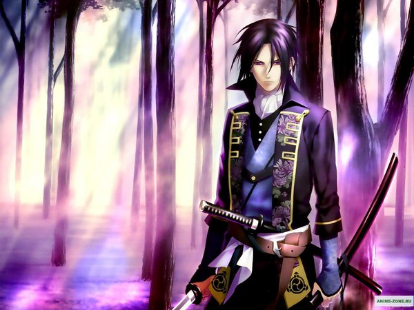 Anime picture 1152x864 with hakuouki shinsengumi kitan studio deen hijikata toshizou (hakuouki) single looking at viewer short hair purple eyes purple hair traditional clothes sunlight inscription samurai boy weapon plant (plants) sword tree (trees) belt katana buttons