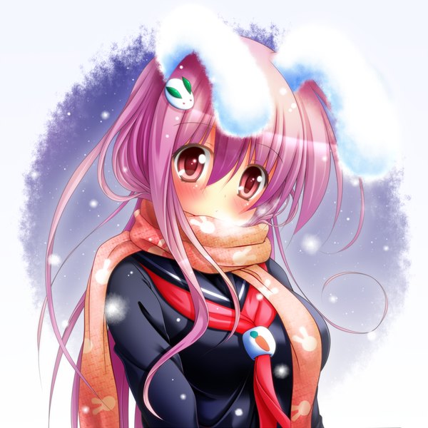 Anime picture 1000x1000 with touhou reisen udongein inaba osashin (osada) single long hair looking at viewer blush fringe breasts hair between eyes red eyes animal ears purple hair bunny ears fake animal ears snowing bunny girl exhalation girl uniform