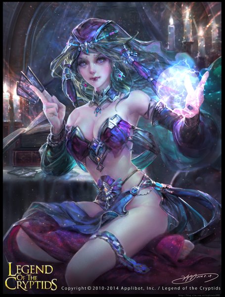Anime picture 1000x1317 with legend of the cryptids yu-han single long hair tall image breasts light erotic purple eyes green hair lips no panties magic girl earrings card (cards)