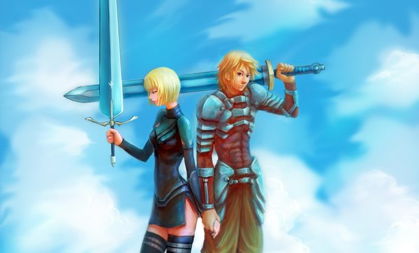 Anime picture 3405x2055 with claymore madhouse clare (claymore) raki highres short hair blonde hair wide image brown eyes absurdres cloud (clouds) light smile grey eyes holding hands sword armor