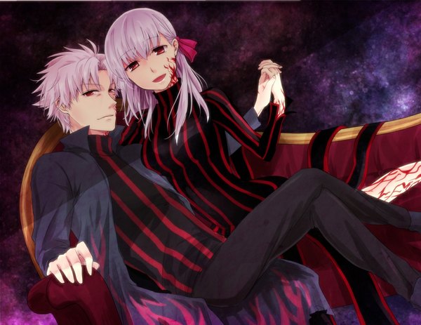 Anime picture 1000x773 with fate (series) fate/stay night fate/zero studio deen type-moon matou sakura dark sakura matou kariya suziko104 long hair short hair open mouth red eyes multiple girls white hair couple girl 2 girls cloak couch