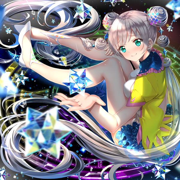 Anime picture 1560x1560 with layered stories zero michelle (layered stories zero) swordsouls single looking at viewer blush fringe breasts smile sitting twintails green eyes payot silver hair full body very long hair fingernails blurry shadow short sleeves