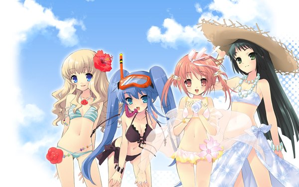 Anime picture 1680x1050 with nanatsuiro drops akihime sumomo yuuki nona yaeno nadeshiko koiwai flora itou noiji long hair looking at viewer blush fringe open mouth blue eyes black hair blonde hair smile wide image twintails bare shoulders multiple girls green eyes