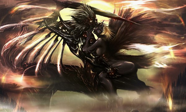 Anime picture 2000x1210 with claymore madhouse priscilla (claymore) isley highres short hair light erotic blonde hair wide image yellow eyes horn (horns) dark skin girl weapon wings blood monster