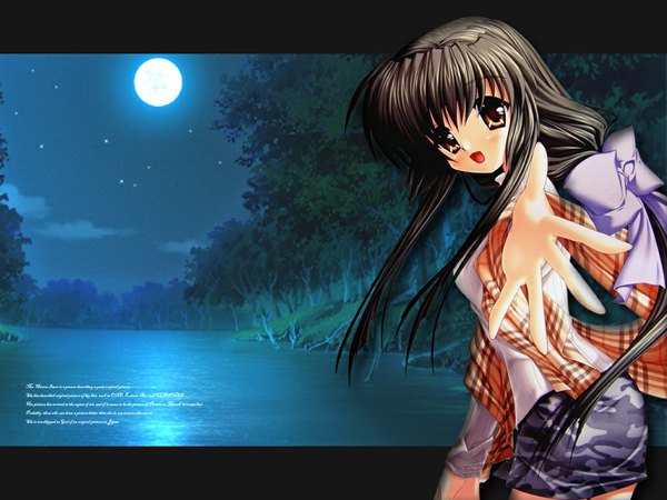 Anime picture 1024x768 with clannad key (studio) ibuki fuuko hinoue itaru single long hair looking at viewer open mouth brown hair brown eyes cloud (clouds) night night sky text english outstretched hand girl bow plant (plants) hair bow