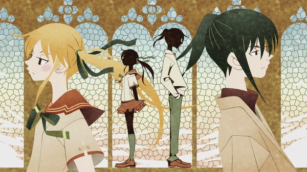 Anime picture 1920x1080 with sayonara zetsubou sensei ef ef a tale of melodies ef a fairy tale of the two shaft (studio) hayama mizuki kuze shuuichi kumeta kouji long hair blush highres black hair blonde hair wide image twintails ponytail profile wind black eyes hands behind back