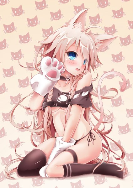 Anime picture 992x1404 with vocaloid ia (vocaloid) dying (artist) single long hair tall image looking at viewer blush fringe breasts open mouth blue eyes light erotic blonde hair sitting bare shoulders animal ears ahoge bent knee (knees) tail