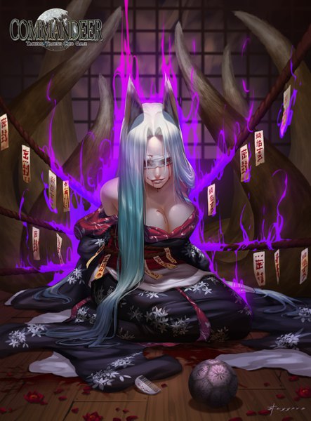 Anime picture 1920x2597 with commandeer (card game) rokubi no yoko (commandeer) stcygnus single tall image highres breasts light erotic large breasts sitting bare shoulders animal ears white hair tail traditional clothes japanese clothes animal tail copyright name fox ears glowing