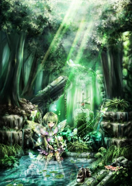 Anime picture 848x1200 with original miyai haruki single tall image fringe short hair sitting looking away green hair sunlight partially submerged fantasy fairy girl plant (plants) wings tree (trees) water insect butterfly