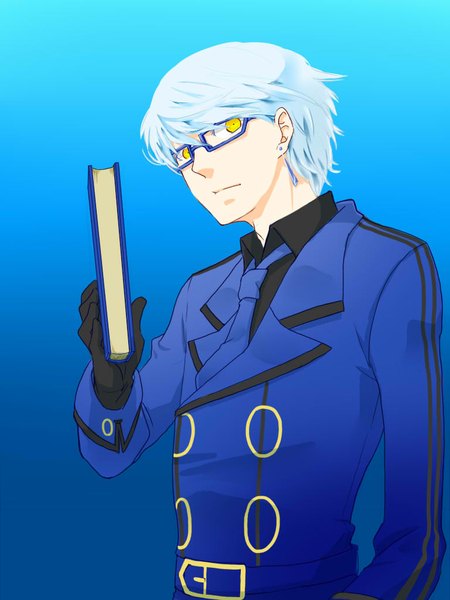 Anime picture 768x1024 with persona 4 persona narukami yuu tall image short hair simple background holding yellow eyes white hair blue background boy gloves uniform earrings shirt glasses necktie book (books)