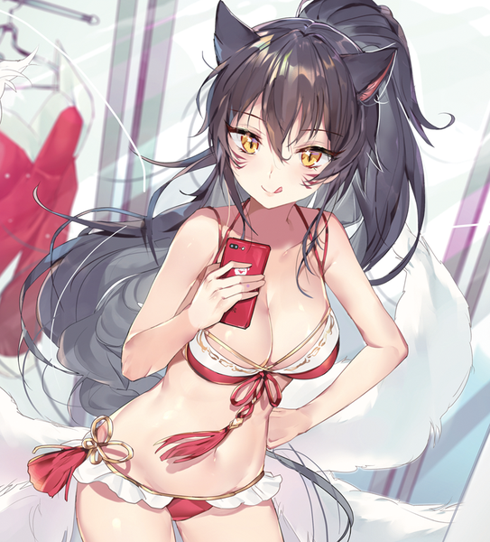 Anime picture 800x883 with league of legends ahri (league of legends) joypyonn single long hair tall image fringe breasts light erotic black hair hair between eyes large breasts animal ears cleavage ponytail indoors tail animal tail dutch angle hand on hip